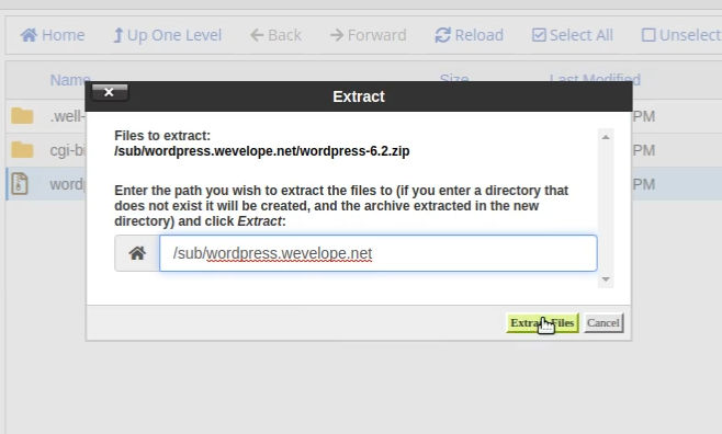 cpanel - extract wordpress