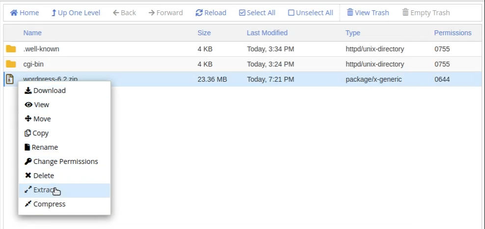 cpanel - extract wordpress