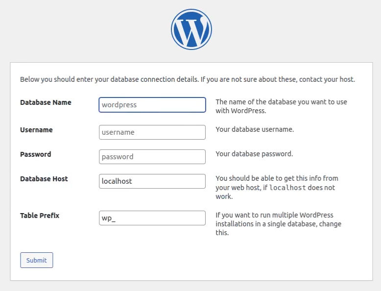 install wordpress - input database